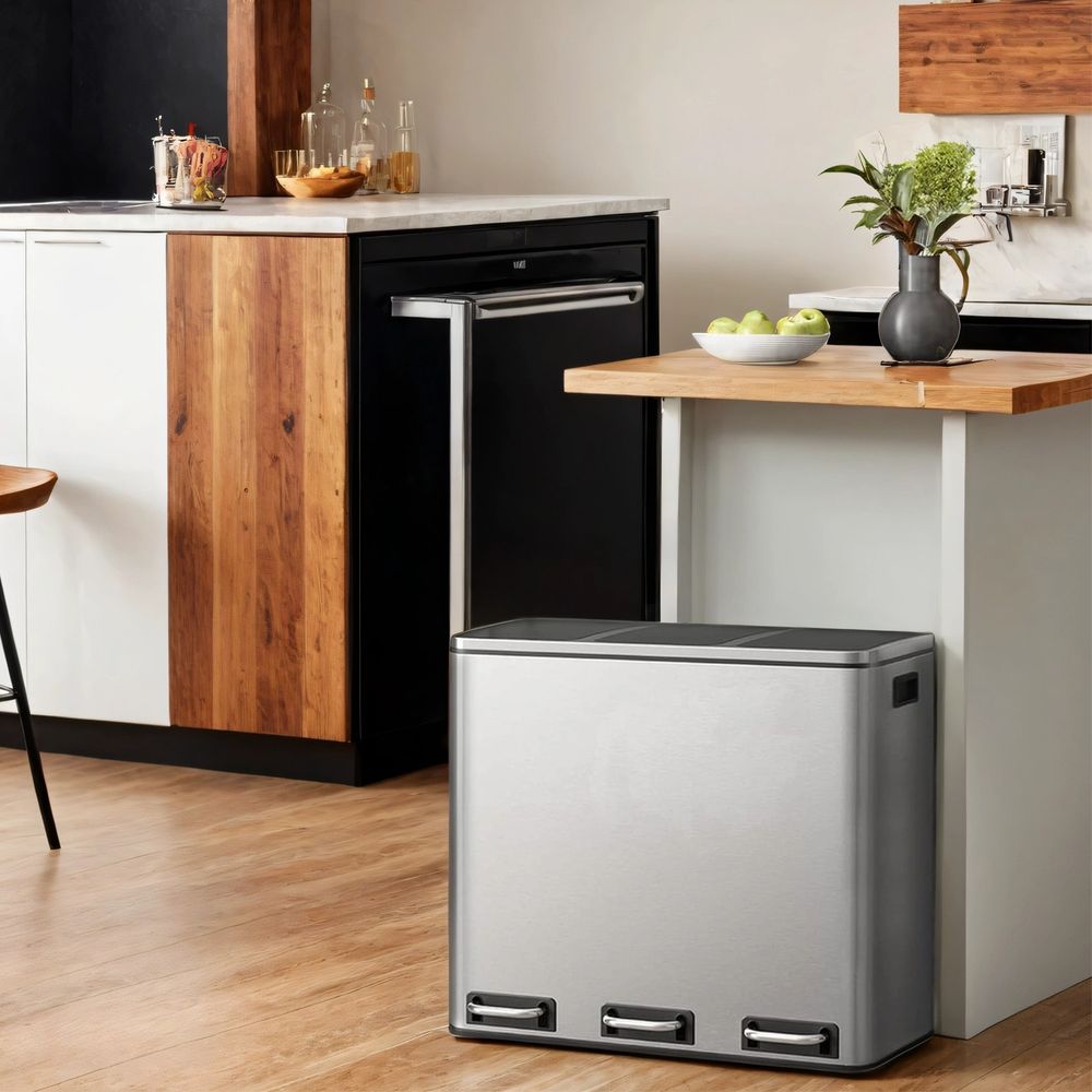 Pedaalemmer met 3 Vakken – Afvalscheidingsbak voor Gescheiden Afval in Keuken of Bijkeuken