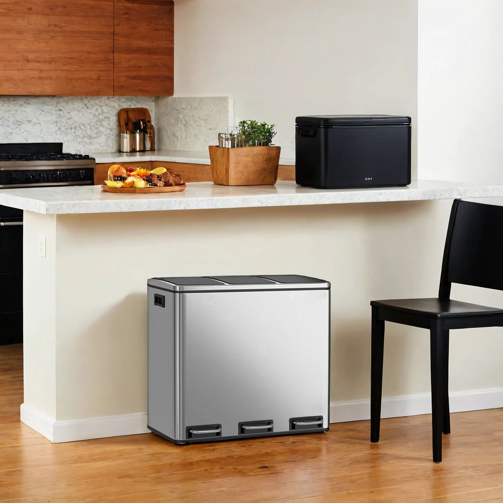 Pedaalemmer met 3 Vakken – Afvalscheidingsbak voor Gescheiden Afval in Keuken of Bijkeuken