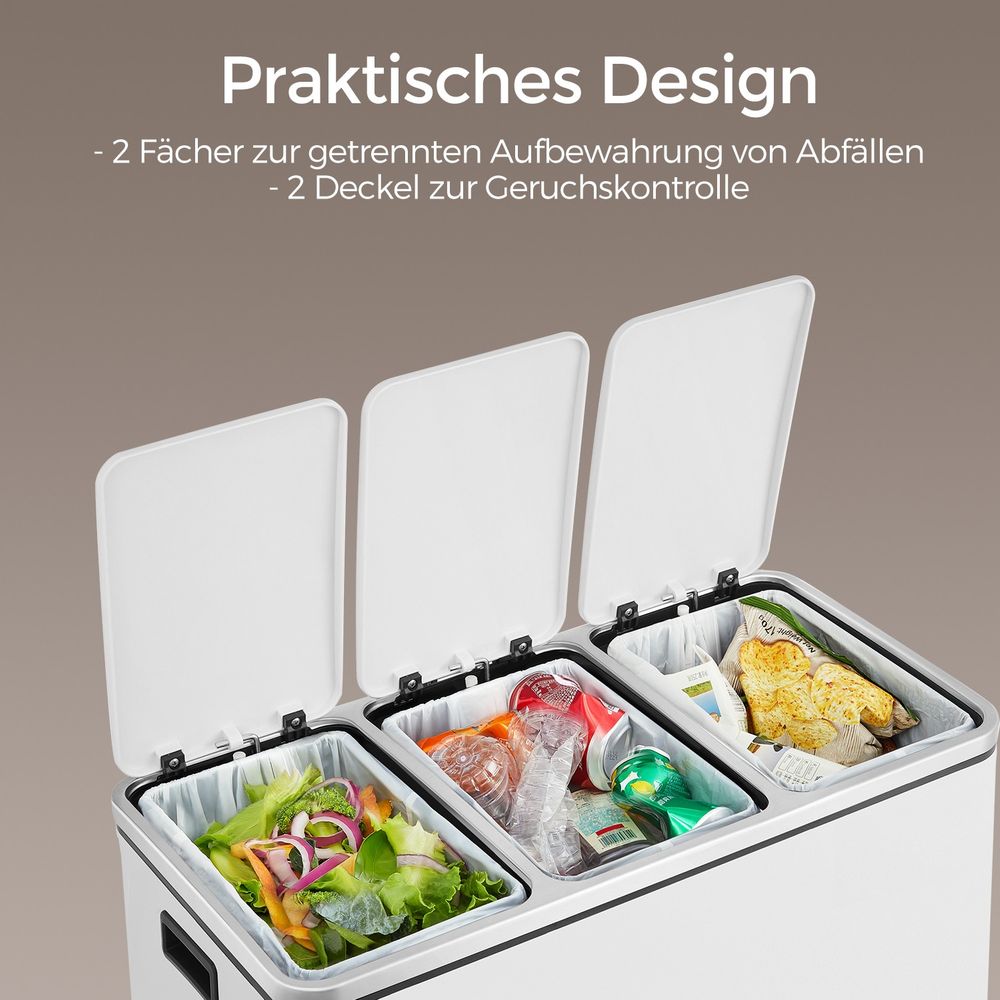 Pedaalemmer met 3 Vakken – Afvalscheidingsbak voor Gescheiden Afval in Keuken of Bijkeuken