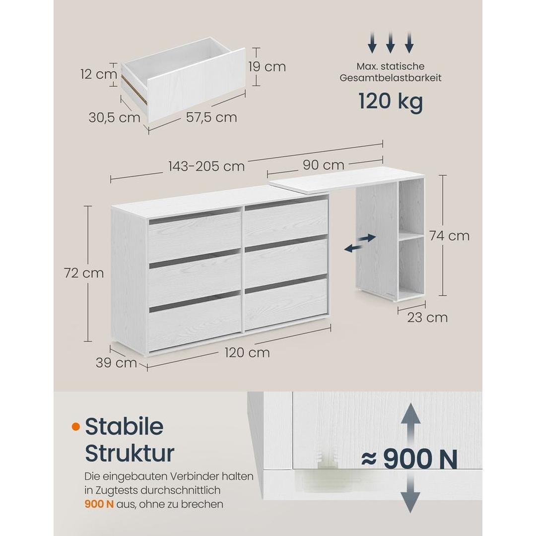 Ladekast en Kaptafel met Plank – Multifunctionele Set met 6 Lades en Open Opbergvakken, Flexibel te Plaatsen