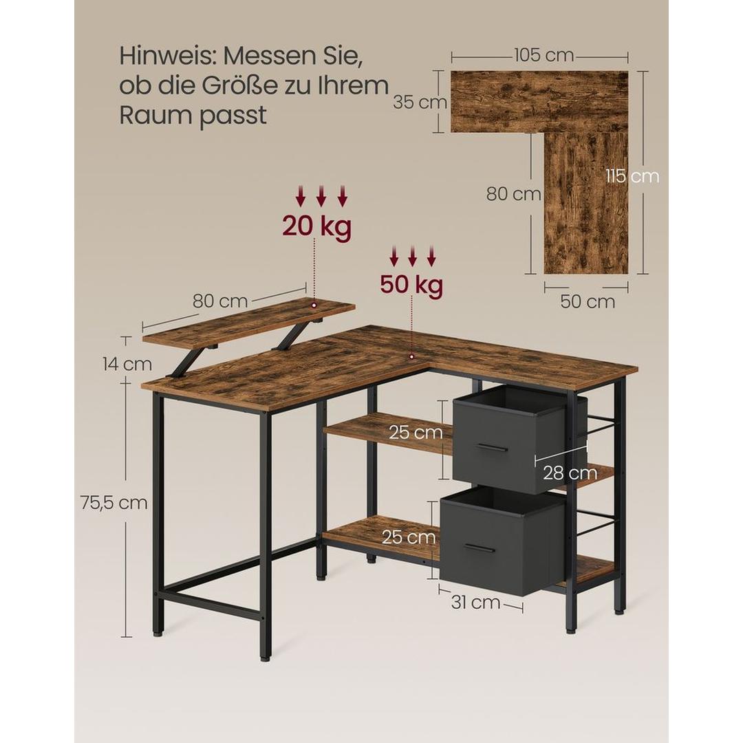 L-Vormig Bureau met Lades – Hoekbureau met Verstelbare Plank en Stalen Frame, 105 × 135 cm