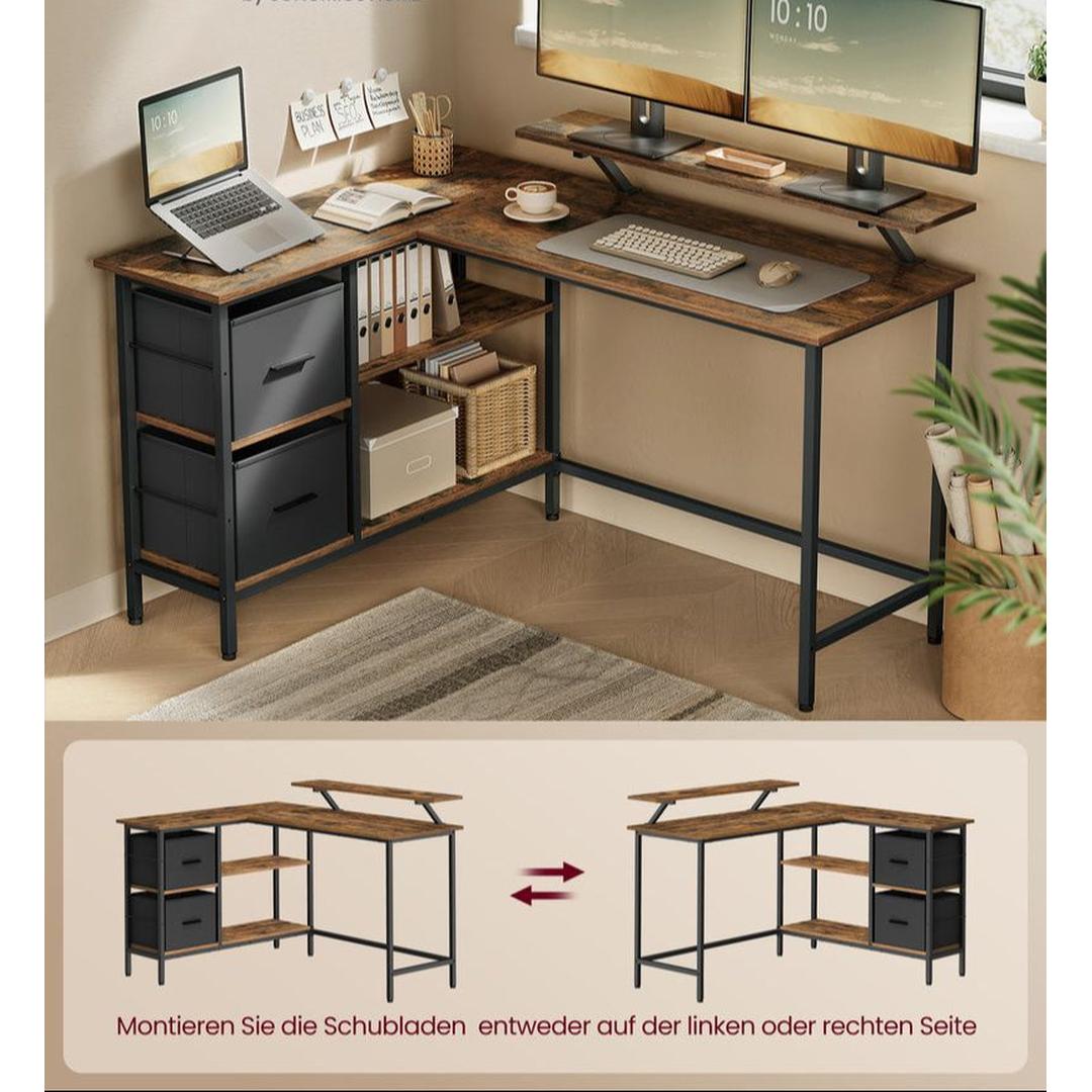 L-vormig Hoekbureau met Monitorverhoger, 2 Lades en Verstelbare Legplank – 135 × 105 × 89,5 cm