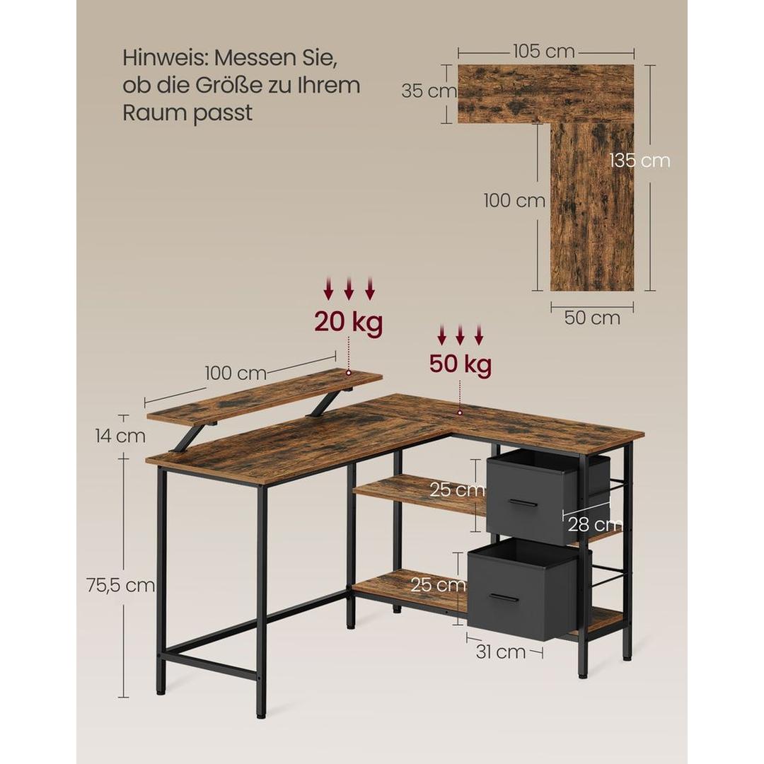 L-Vormig Bureau met Lades – Hoekbureau met Verstelbare Plank en Stalen Frame, 105 × 135 cm