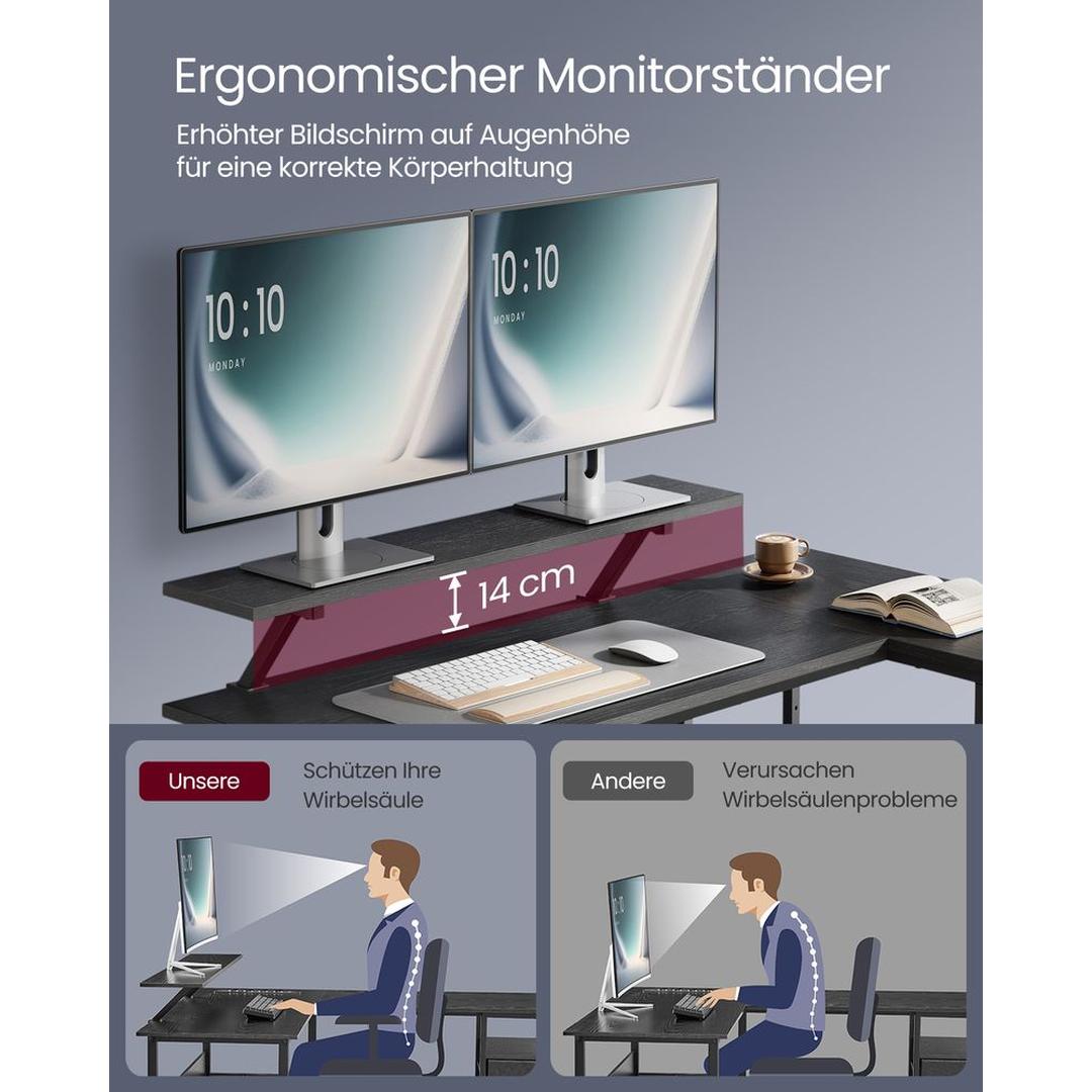 L-vormig Hoekbureau met Monitorverhoger, 2 Lades en Verstelbare Legplank – 135 × 105 × 89,5 cm