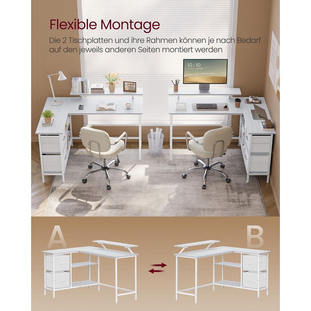 L-vormig Hoekbureau met Monitorverhoger, 2 Lades en Verstelbare Legplank – 135 × 105 × 89,5 cm