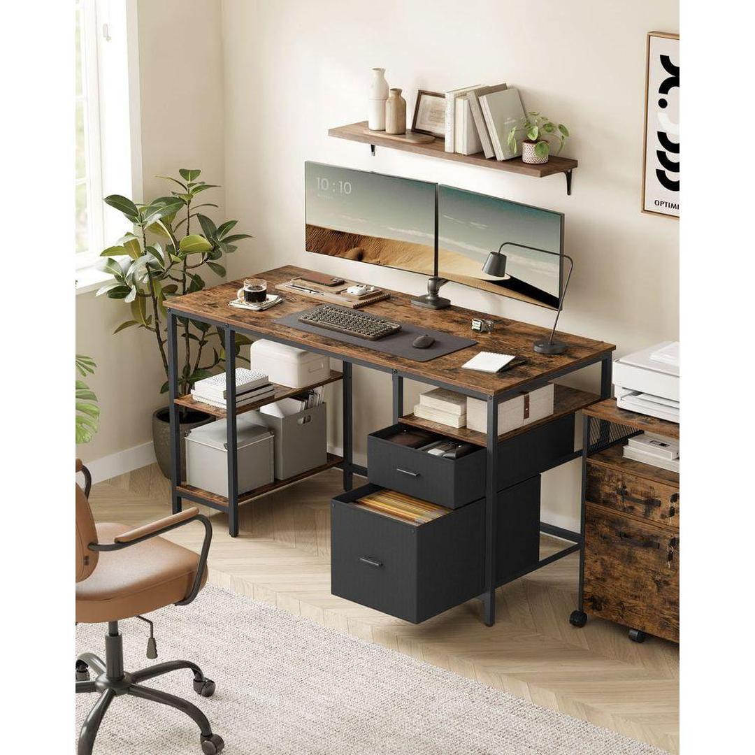 Vintage bureau 140 cm – industrieel design met laden en planken – bruin-zwart – tot 50 kg draagvermogen