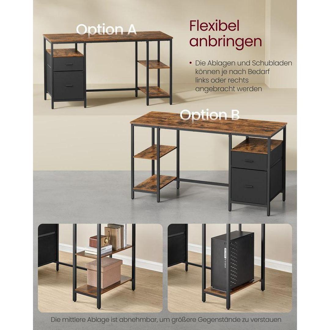 Vintage bureau 140 cm – industrieel design met laden en planken – bruin-zwart – tot 50 kg draagvermogen