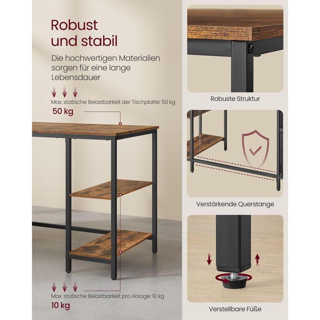 Vintage bureau 140 cm – industrieel design met laden en planken – bruin-zwart – tot 50 kg draagvermogen
