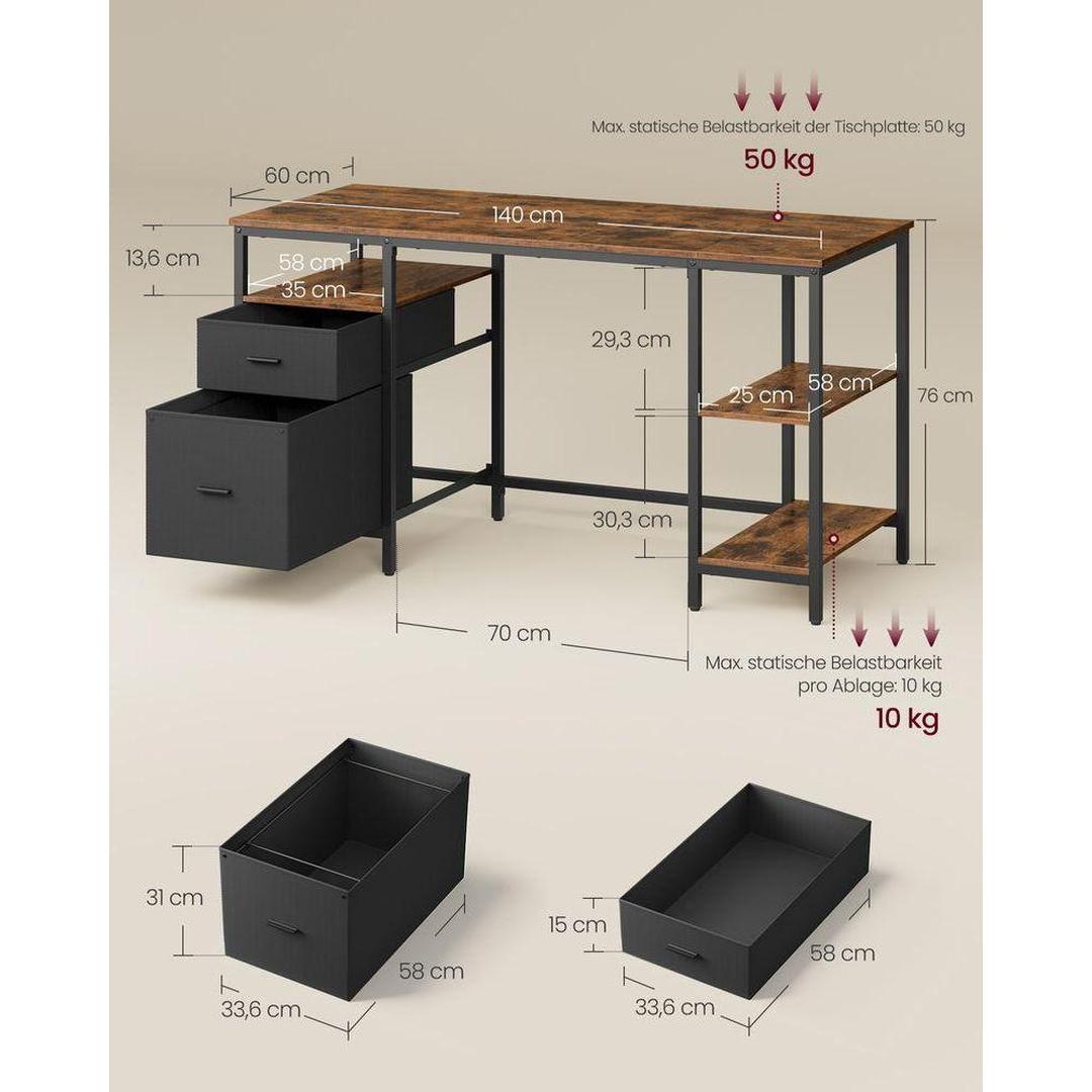 Vintage bureau 140 cm – industrieel design met laden en planken – bruin-zwart – tot 50 kg draagvermogen