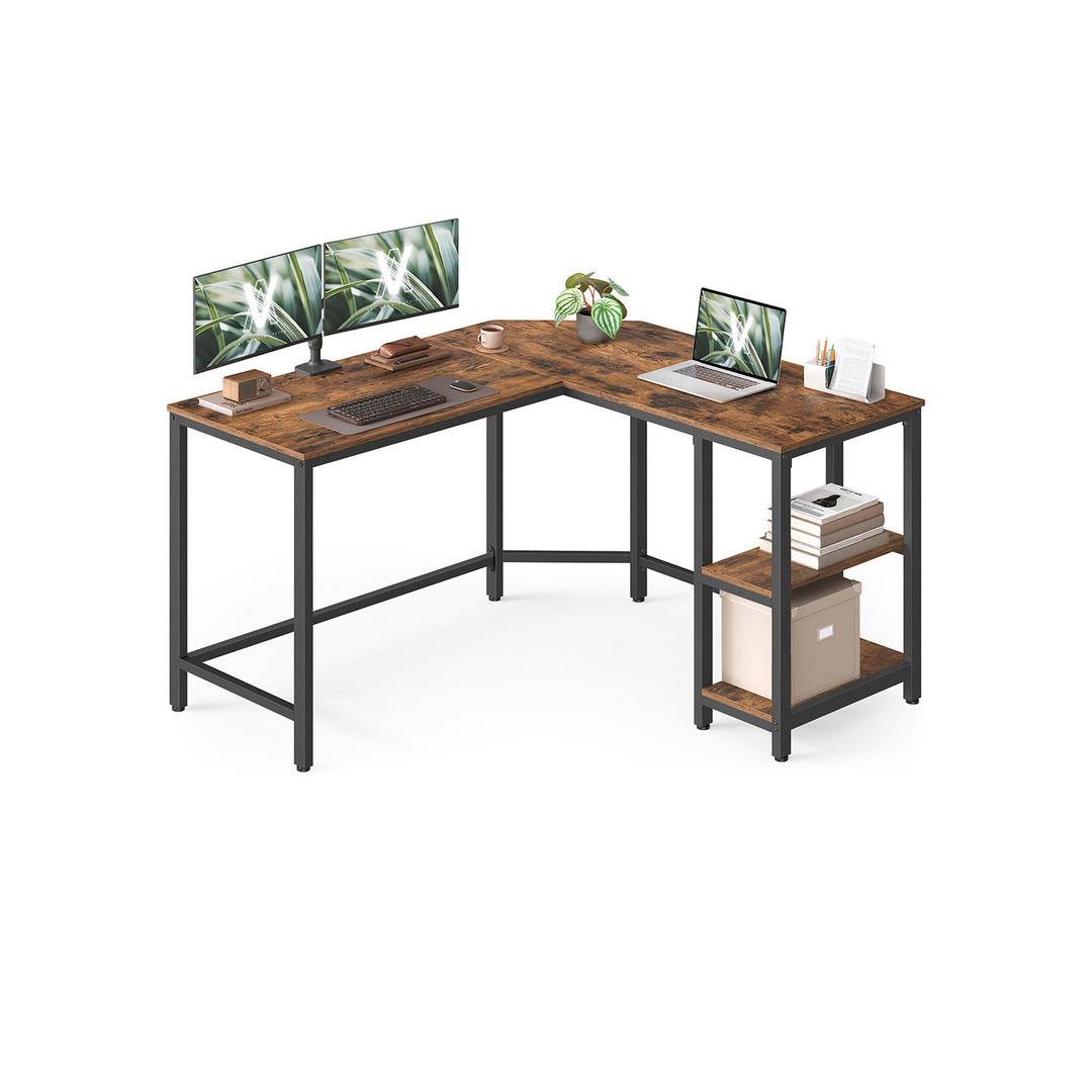 L-vormig Bureau met 2 Opbergplanken en Houtlook Werkblad – Ruim Hoekbureau voor Kantoor en Thuiswerkplek