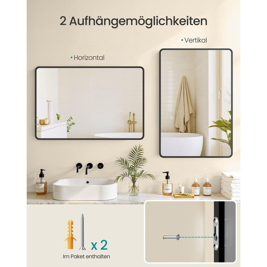 Rechthoekige Wandspiegel met Aluminium Frame – Badkamerspiegel van Gehard Glas met Veiligheidsfolie in Inktzwart