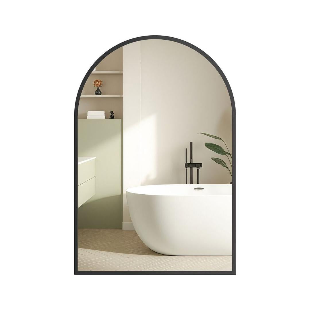 Gebogen Wandspiegel met Aluminium Frame – Badkamerspiegel van Gehard Glas in Inktzwart, 91 × 61 cm