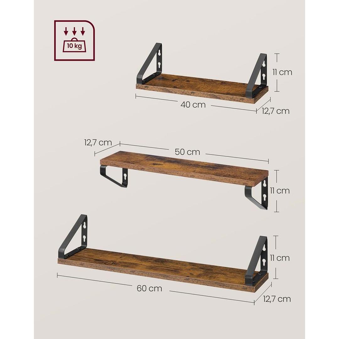 Set van 3 Wandplanken in Industriële Stijl – Metalen Wandrekken voor Woonkamer, Keuken of Hal