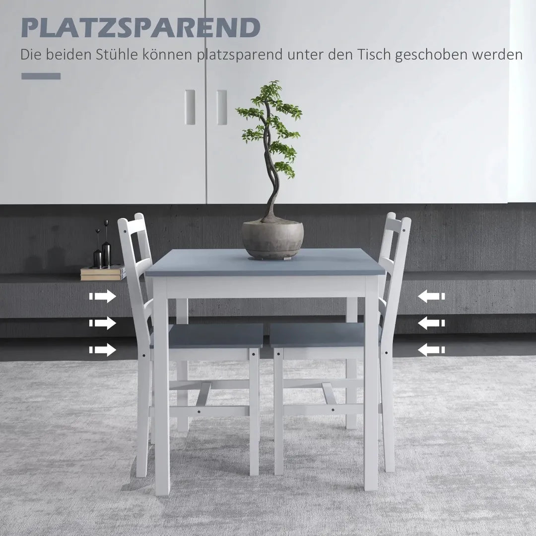 Eettafelset voor 2 Personen – 1 Tafel, 2 Stoelen van Grenenhout – Wit en Grijs