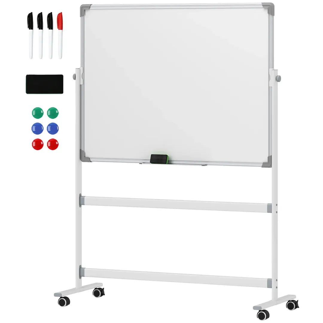 Whiteboard op standaard – magnetisch, draaibaar en verrijdbaar, inclusief markers en wisser, 120 × 90 cm
