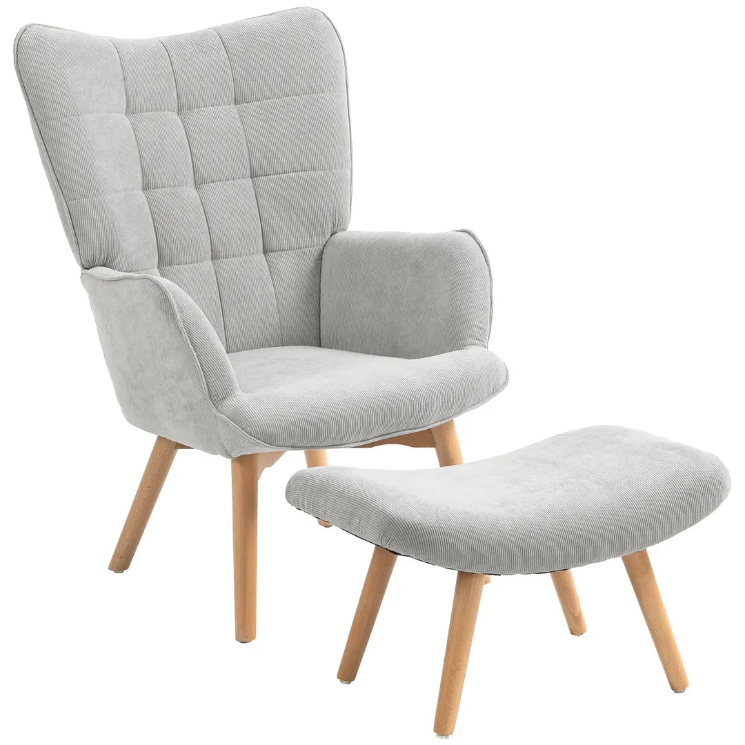 Fauteuil met Hocker – Relaxstoel in Cordstof met Armleuningen en Houten Poten, Grijs, voor Woonkamer