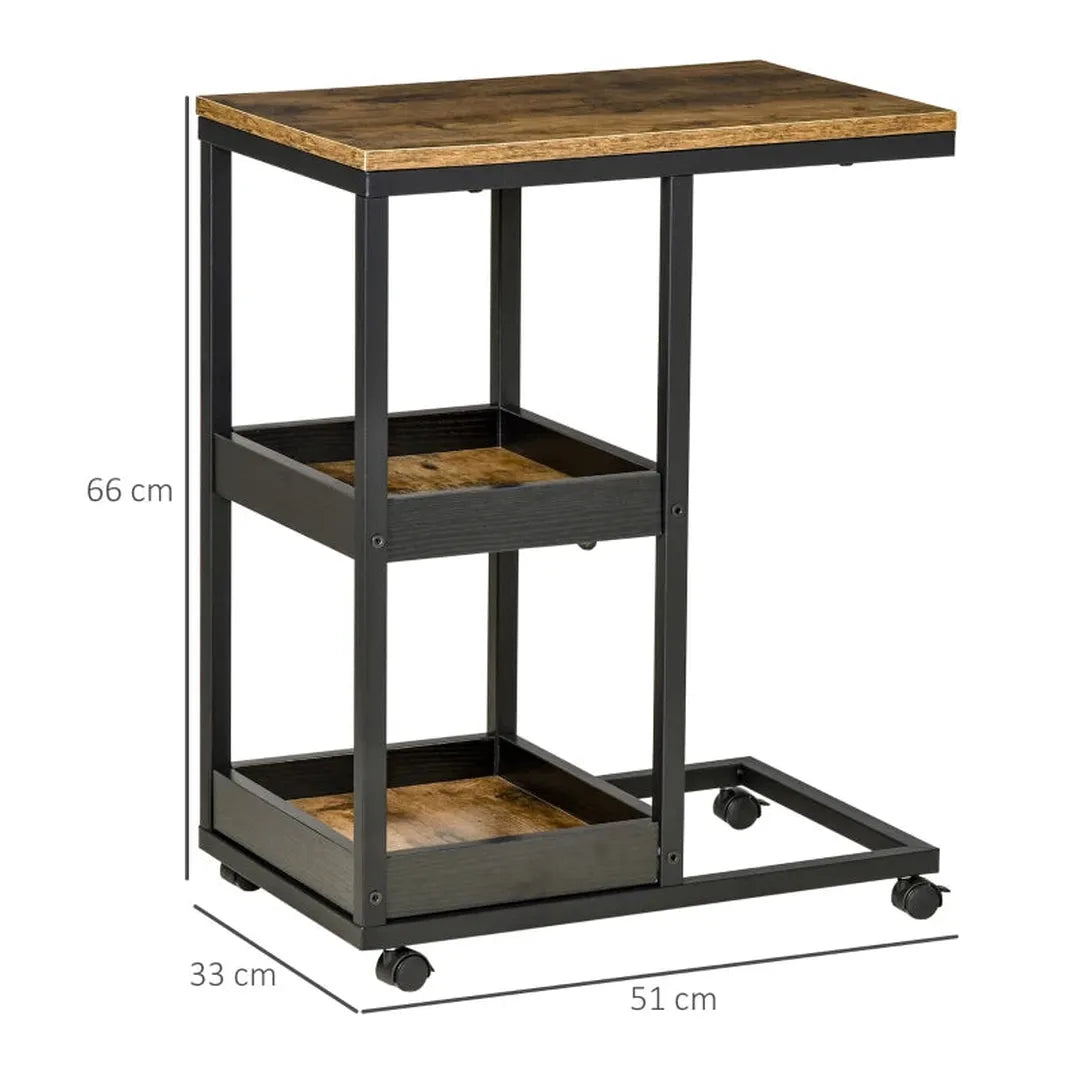 Bijzettafel met wielen – Hoogte verstelbaar – 2 opbergplanken – Bruin metalen frame – 80x40x72-82 cm