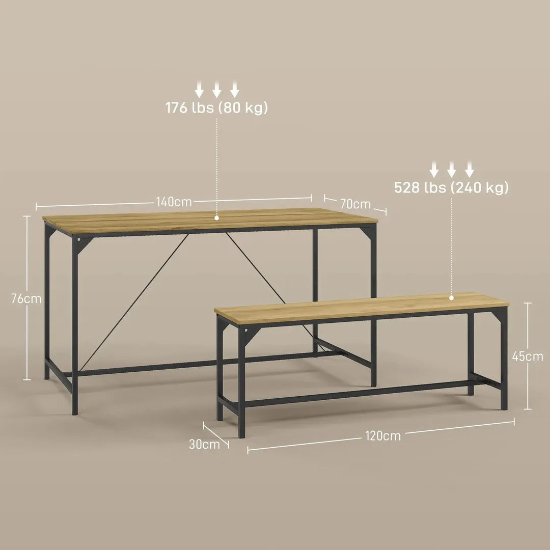 Eettafelset voor 4 Personen – Tafel met 2 Banken van Metaal en Hout, Industrieel Design, 120 x 70 x 75 cm, Zwart/Natuur