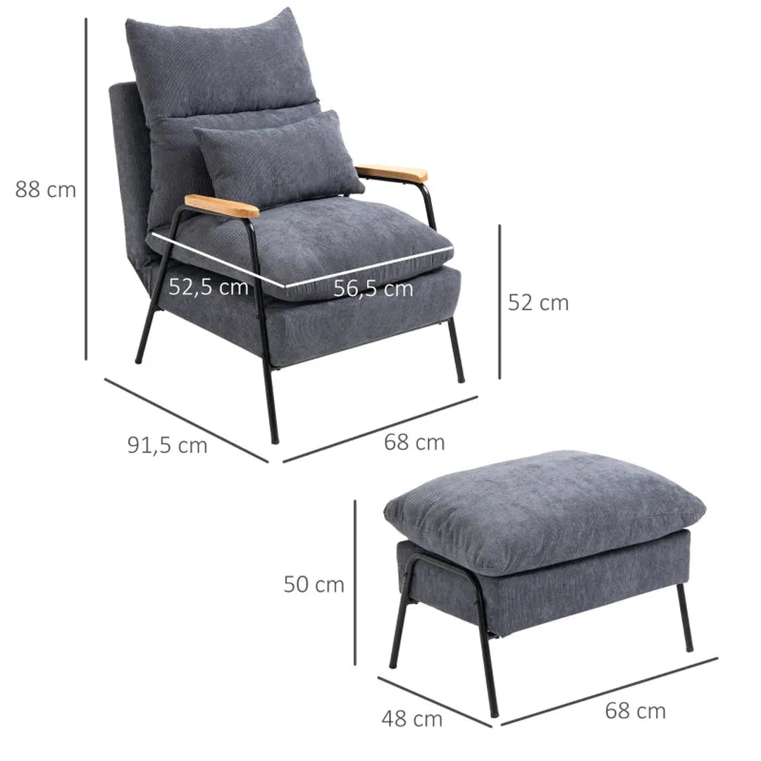 Fauteuil met voetenbank en kussen – stofbekleding – 68 x 91,5 x 88 cm