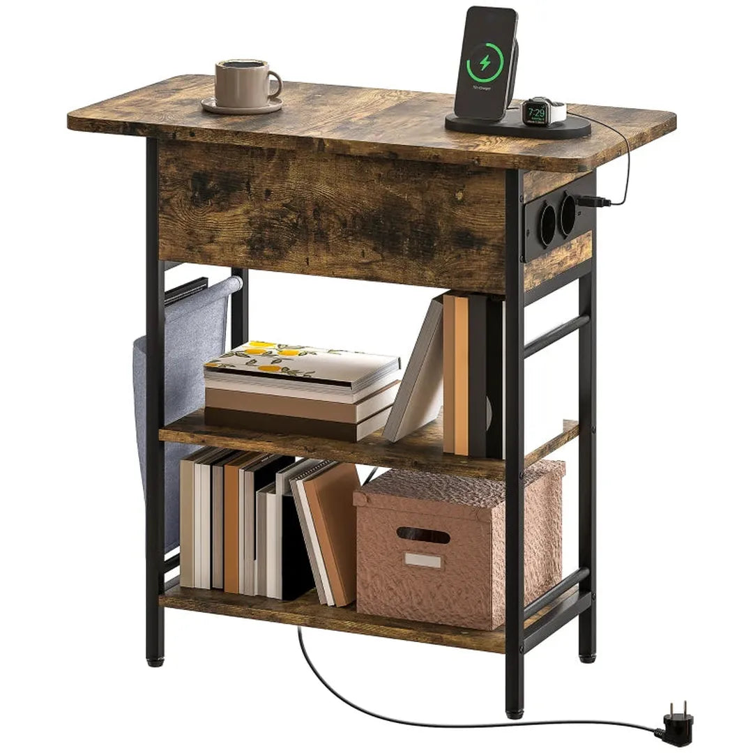 Nachtkastje met stopcontact en USB – 2 opbergvakken – Bijzettafel rustiek bruin – 60x29,8x58,5 cm