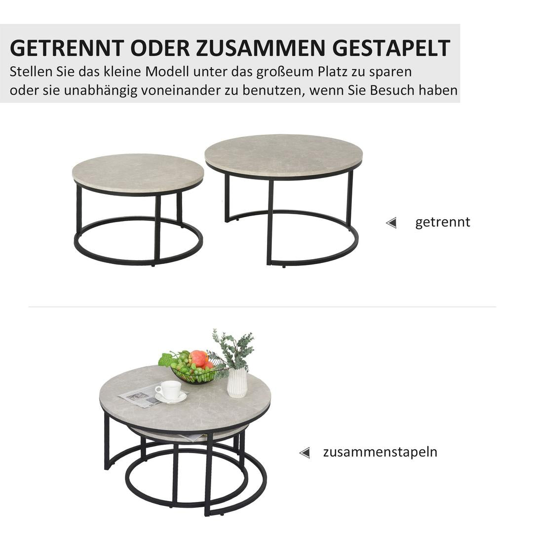 Salontafel Set – 2 Ronde Tafels – Industrieel Design – Metalen Frame – Blad in Marmerlook Grijs