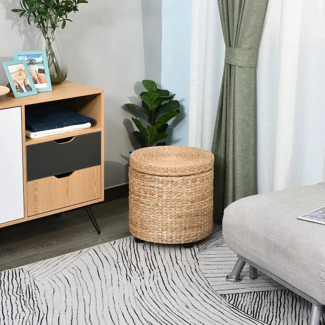 Poef – Moderne Voetenbank – Donkergrijs met Bruin – Stoffen Bekleding en Houten Poten