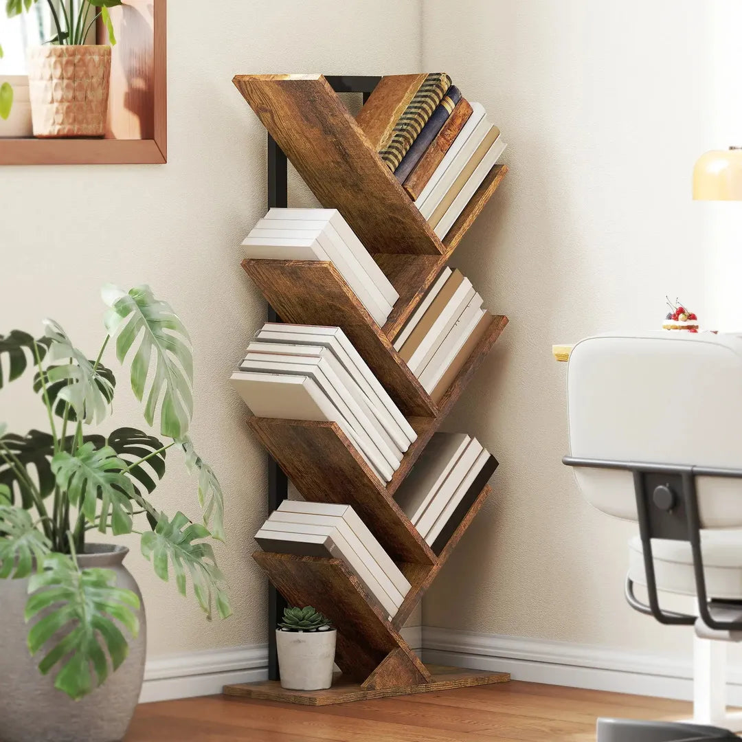 Boekenkast in boomvorm met 7 niveaus – smal staand boekenrek met stalen frame, rustiek bruin
