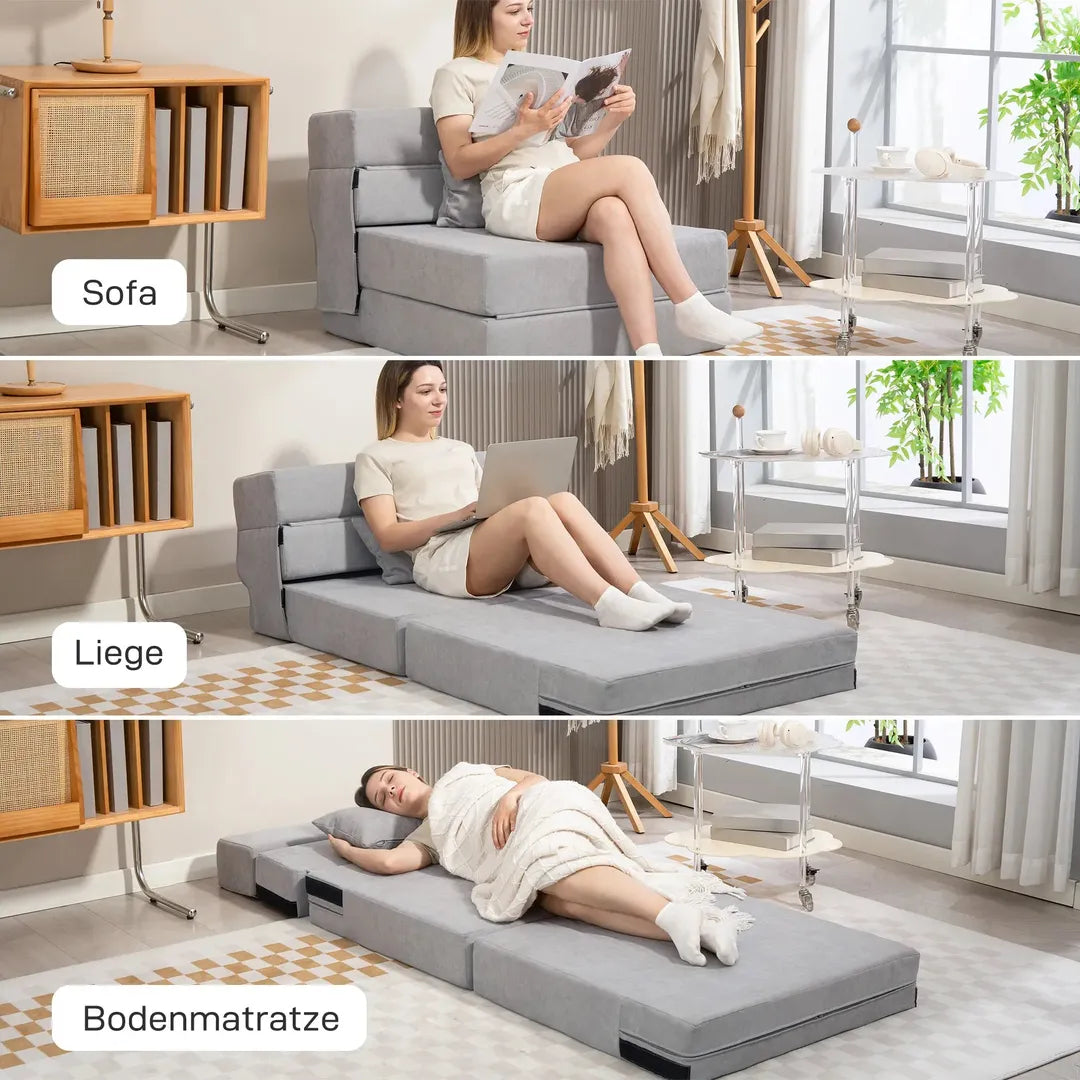 Zitbank voor op de vloer – Ombouwbaar tot matras, schuimvulling, kussens, lichtgrijs