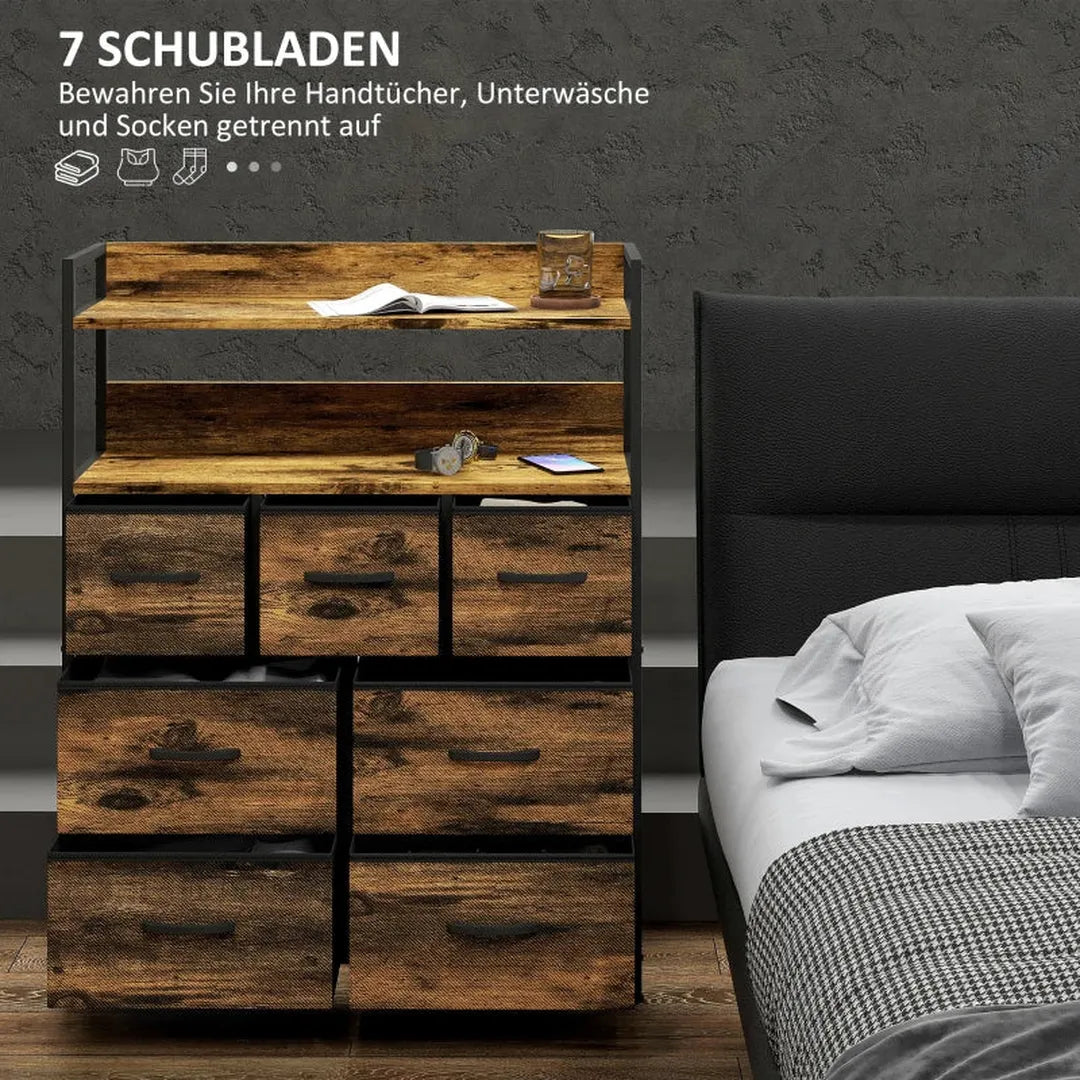 Dressoir met 7 stoffen lades en 2 open planken – Opbergkast met stalen frame – Bruin