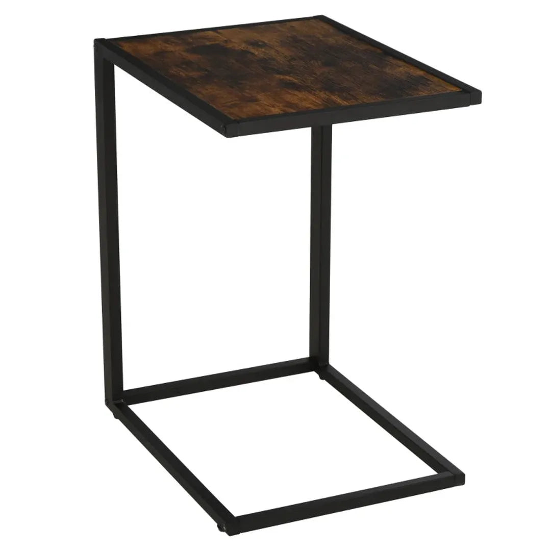 Bijzettafel in C-vorm met Wielen – Laptoptafel of Bedtafel – Metaal en Houtlook Walnoot – 51 x 36 x 65 cm – Zwart