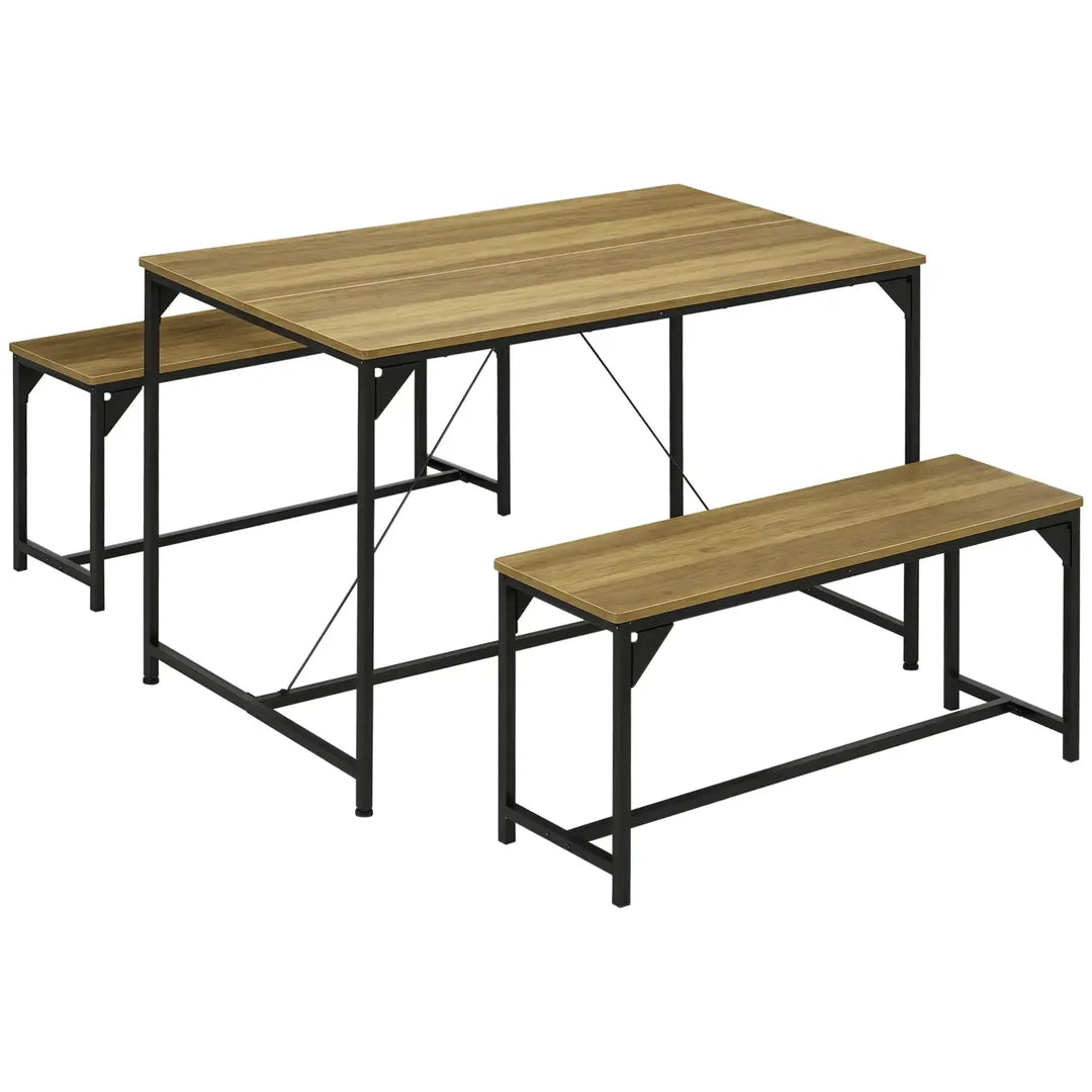 Eettafelset voor 4 Personen – Tafel met 2 Banken van Metaal en Hout, Industrieel Design, 120 x 70 x 75 cm, Zwart/Natuur