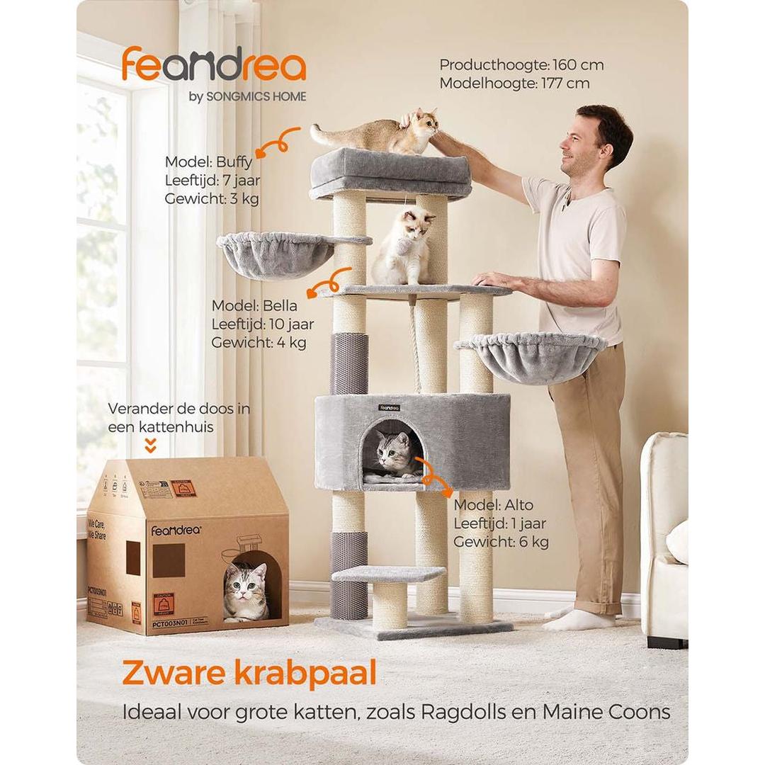 Zelfverwarmende Krabpaal voor Katten – Krabmeubel met 9 Sisalstammen, Massageborstels en Stabiele Basis