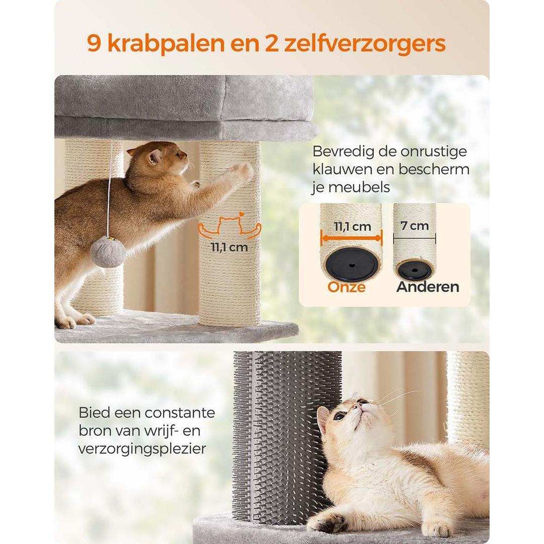Zelfverwarmende Krabpaal voor Katten – Krabmeubel met 9 Sisalstammen, Massageborstels en Stabiele Basis