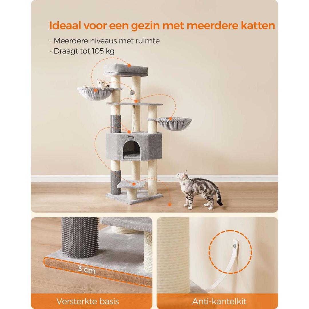 Zelfverwarmende Krabpaal voor Katten – Krabmeubel met 9 Sisalstammen, Massageborstels en Stabiele Basis