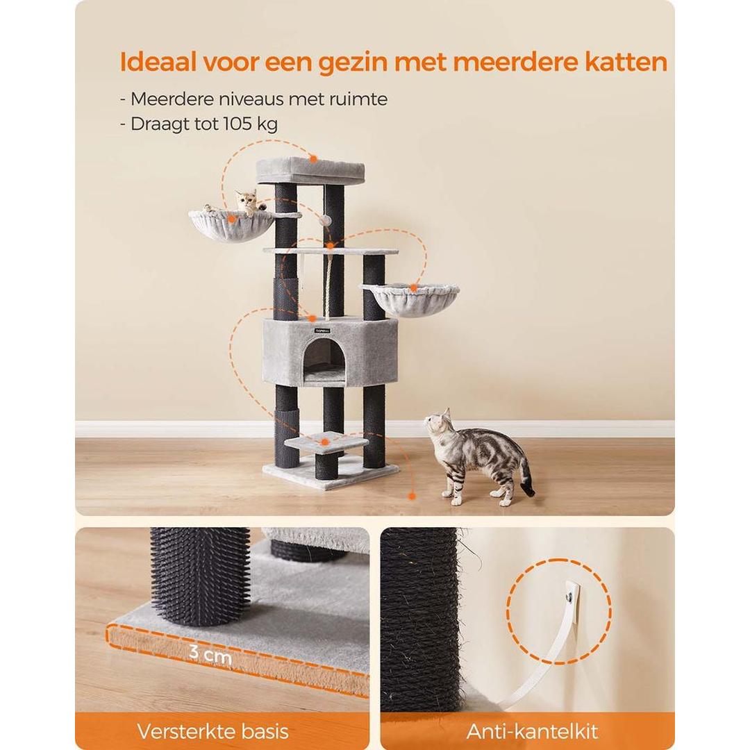Zelfverwarmende Krabpaal voor Katten – Krabmeubel met 9 Sisalstammen, Massageborstels en Stabiele Basis