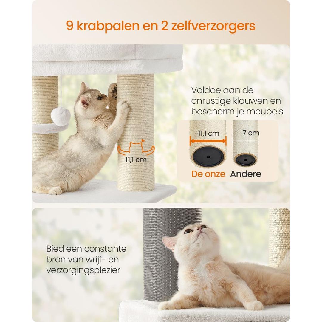 Zelfverwarmende Krabpaal voor Katten – Krabmeubel met 9 Sisalstammen, Massageborstels en Stabiele Basis