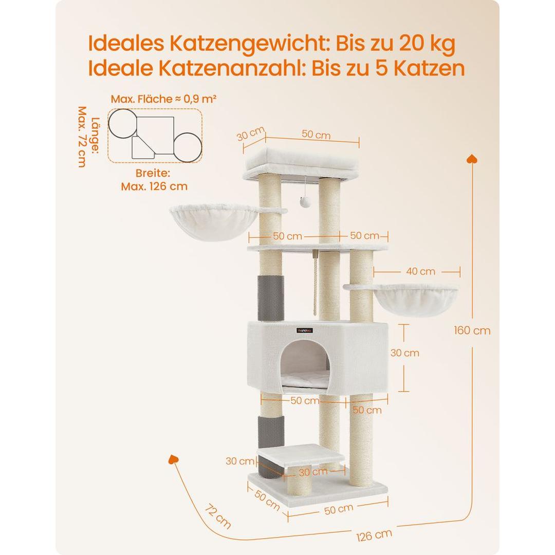 Krabpaal 160 cm met Platforms – 50 × 50 cm – Crème-Beige Klim- en Speelmeubel voor Katten