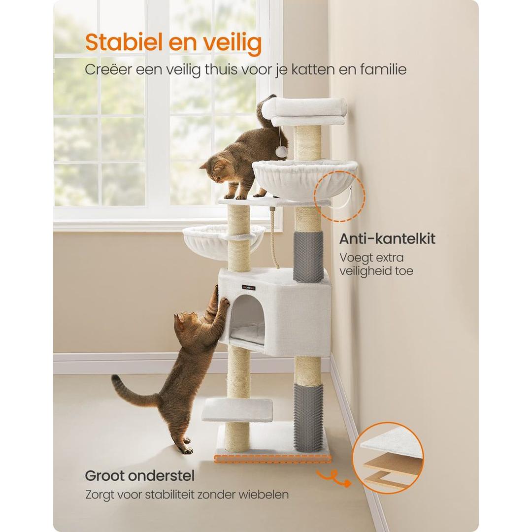 Zelfverwarmende Krabpaal voor Katten – Krabmeubel met 9 Sisalstammen, Massageborstels en Stabiele Basis