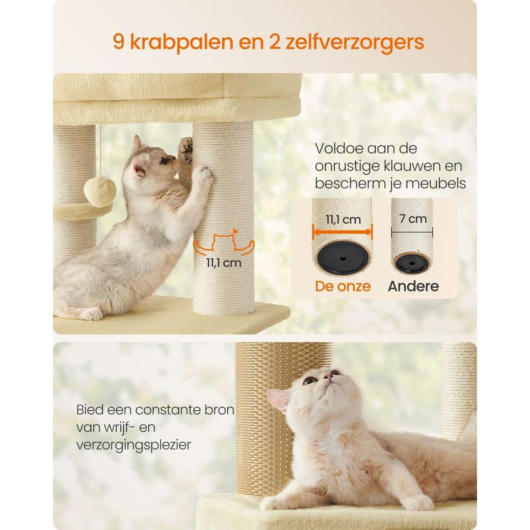 Zelfverwarmende Krabpaal voor Katten – Krabmeubel met 9 Sisalstammen, Massageborstels en Stabiele Basis