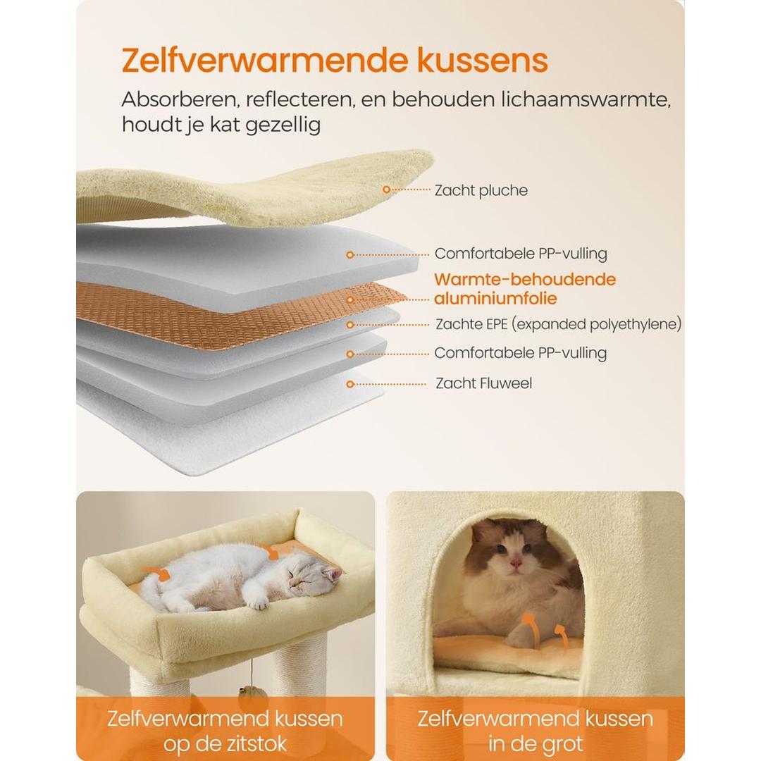 Zelfverwarmende Krabpaal voor Katten – Krabmeubel met 9 Sisalstammen, Massageborstels en Stabiele Basis