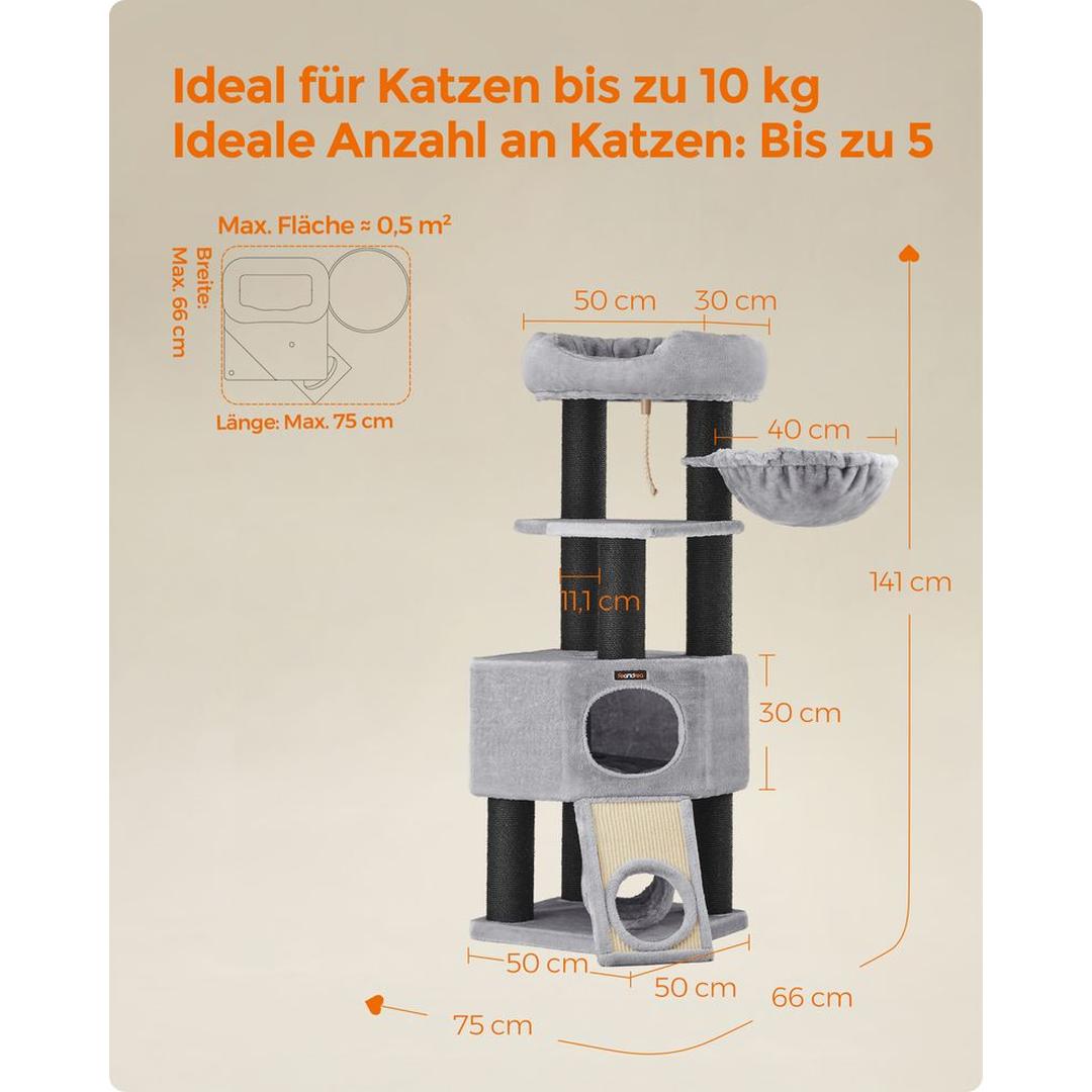 Krabpaal 141 cm met Dikke Sisalstammen – Grijs Klim- en Speelmeubel voor Katten