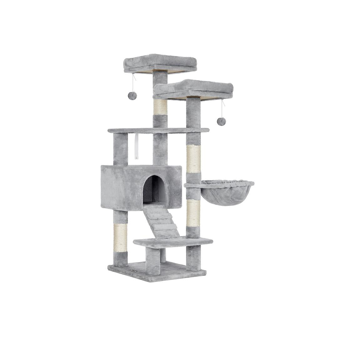 Krabpaal met huisje, ligplatform en speelbal – sisalpalen, stabiele constructie, 142 cm hoog
