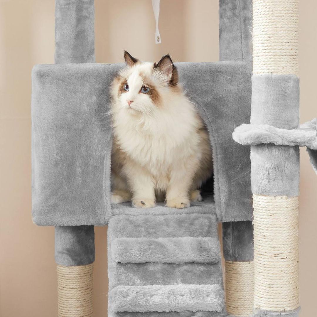 Krabpaal met huisje, ligplatform en speelbal – sisalpalen, stabiele constructie, 142 cm hoog