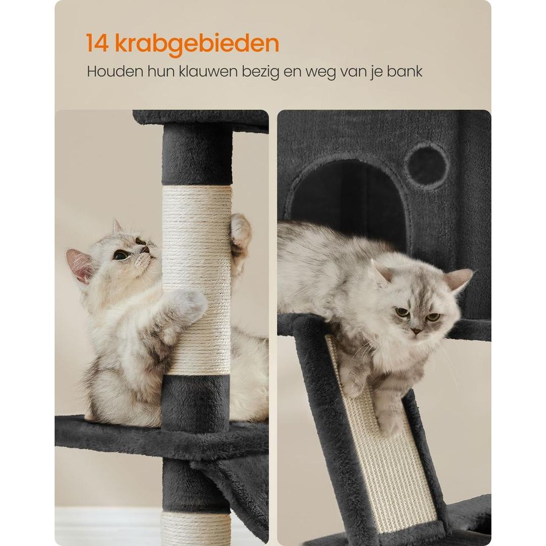 XXL Krabpaal 206 cm Hoog – Kattenkrabpaal met Meerdere Plateaus, Sisal Krabzuilen en Hangmat