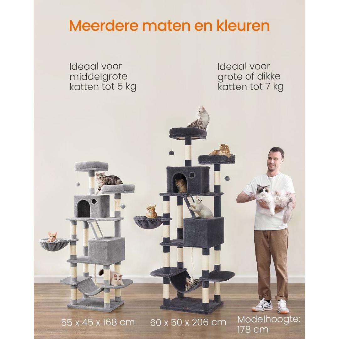 XXL Krabpaal 206 cm Hoog – Kattenkrabpaal met Meerdere Plateaus, Sisal Krabzuilen en Hangmat