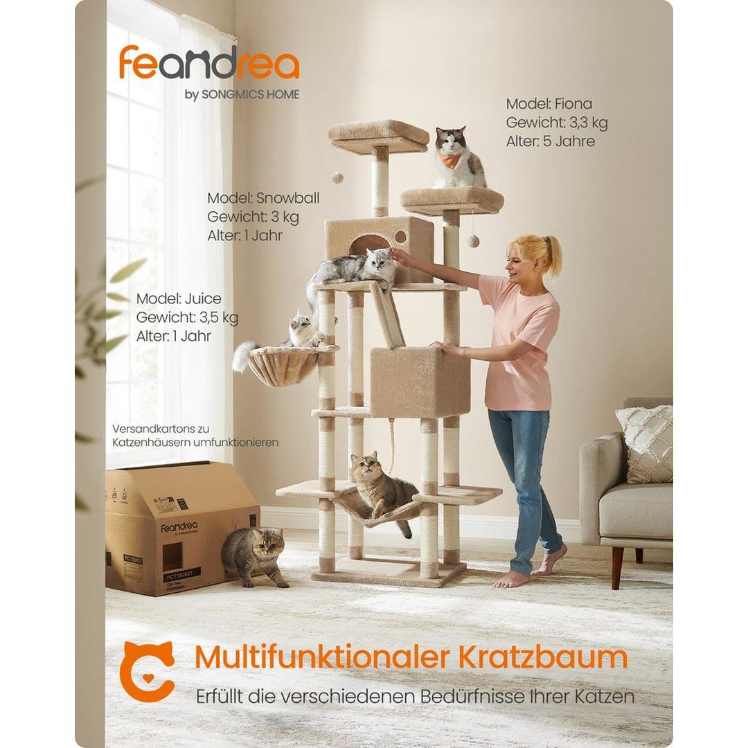 XXL Krabpaal 206 cm Hoog – Kattenkrabpaal met Meerdere Plateaus, Sisal Krabzuilen en Hangmat