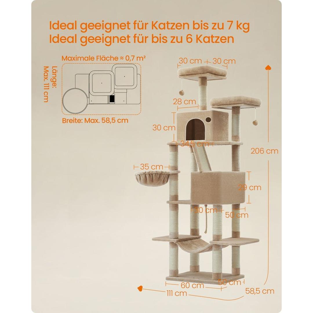 XXL Krabpaal 206 cm Hoog – Kattenkrabpaal met Meerdere Plateaus, Sisal Krabzuilen en Hangmat