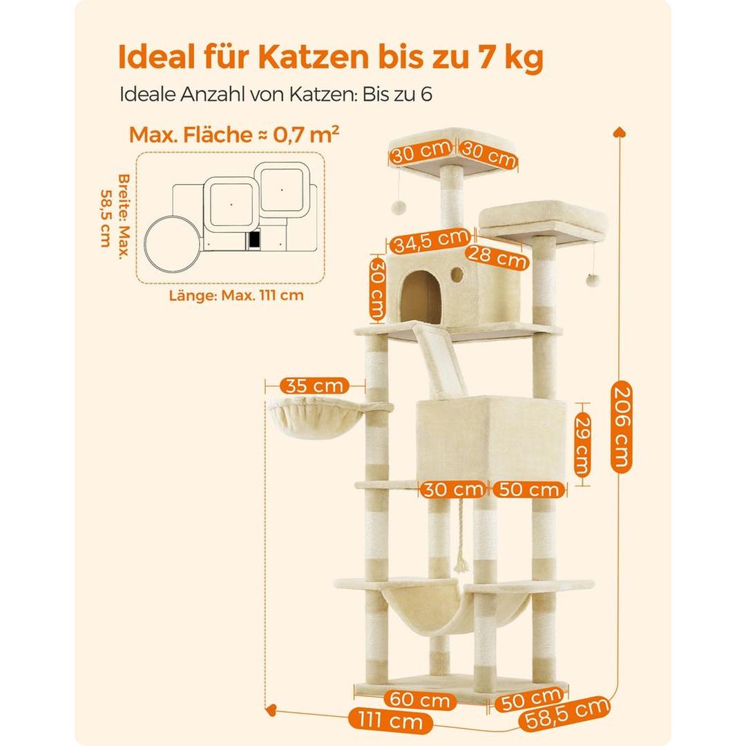 XXL Krabpaal 206 cm Hoog – Kattenkrabpaal met Meerdere Plateaus, Sisal Krabzuilen en Hangmat