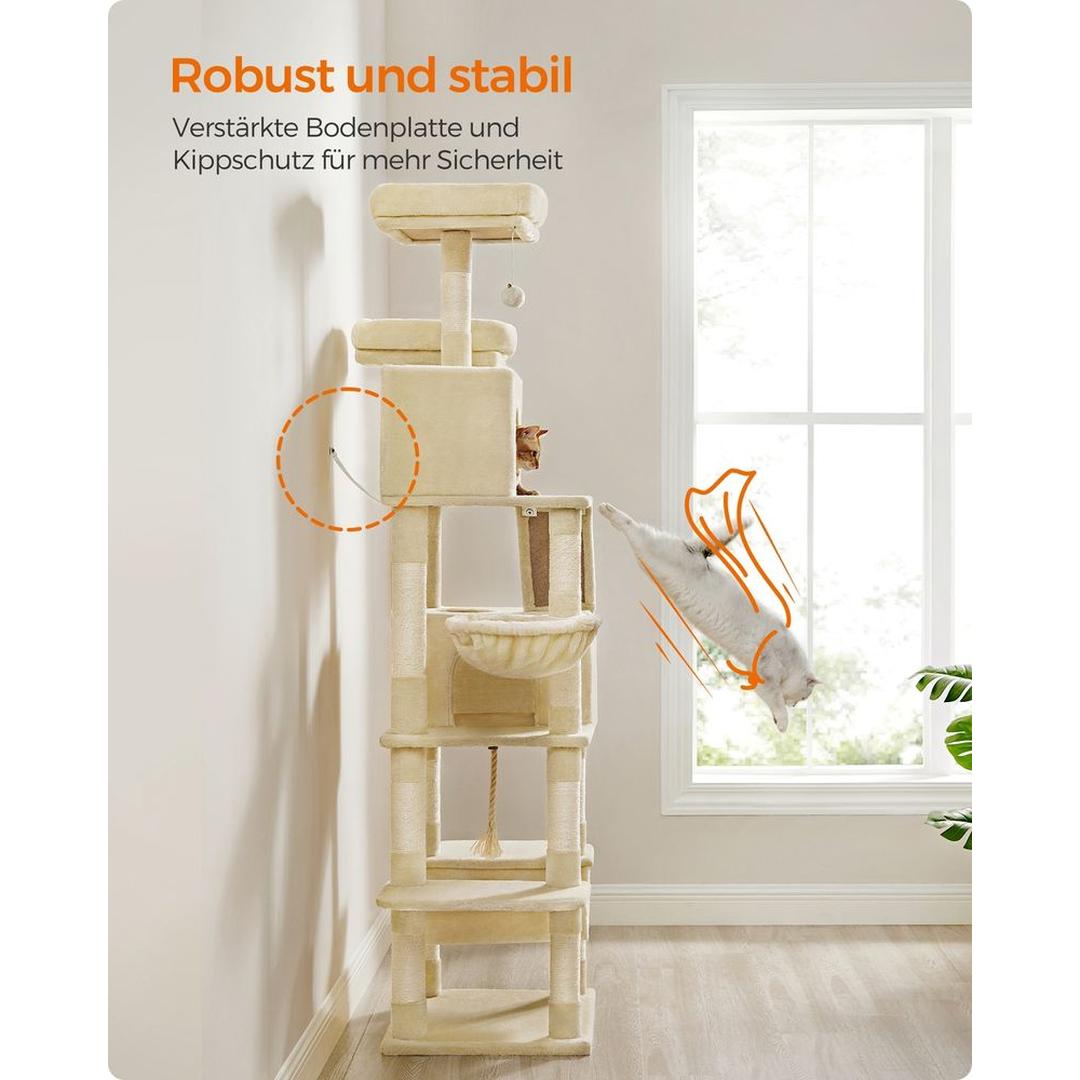 XXL Krabpaal 206 cm Hoog – Kattenkrabpaal met Meerdere Plateaus, Sisal Krabzuilen en Hangmat