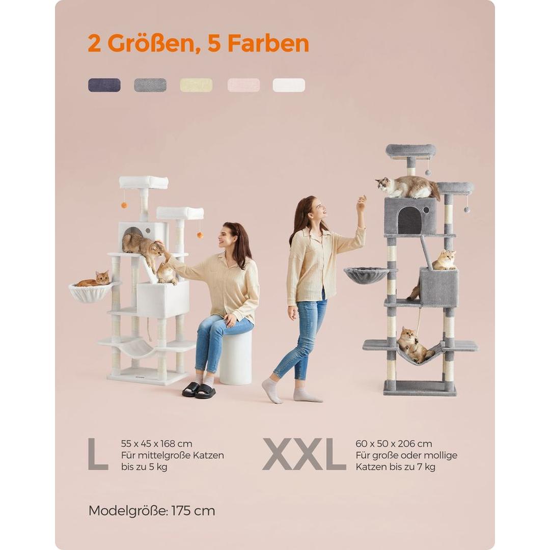 XXL Krabpaal 206 cm Hoog – Kattenkrabpaal met Meerdere Plateaus, Sisal Krabzuilen en Hangmat